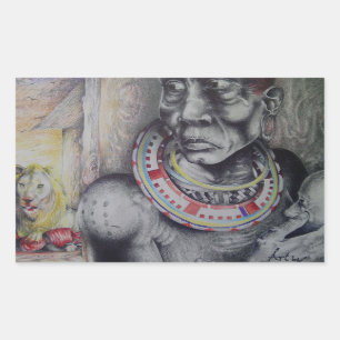 Maasai Mother & Child with Lion Art Print/Graphic Rectangular Sticker