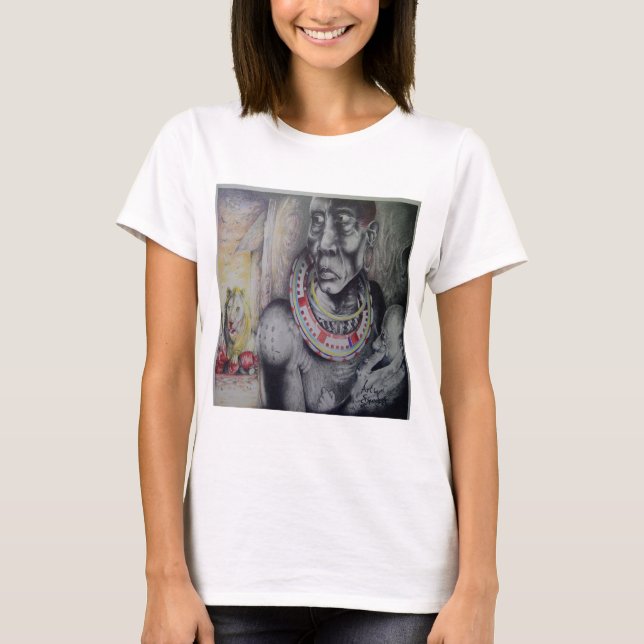 Maasai Mother & Child with Lion Art Print/Graphic T-Shirt (Front)
