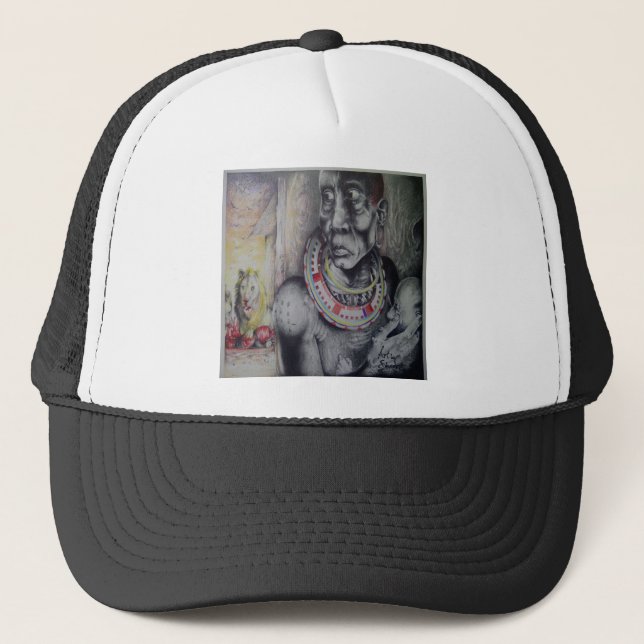 Maasai Mother & Child with Lion Art Print/Graphic Trucker Hat (Front)