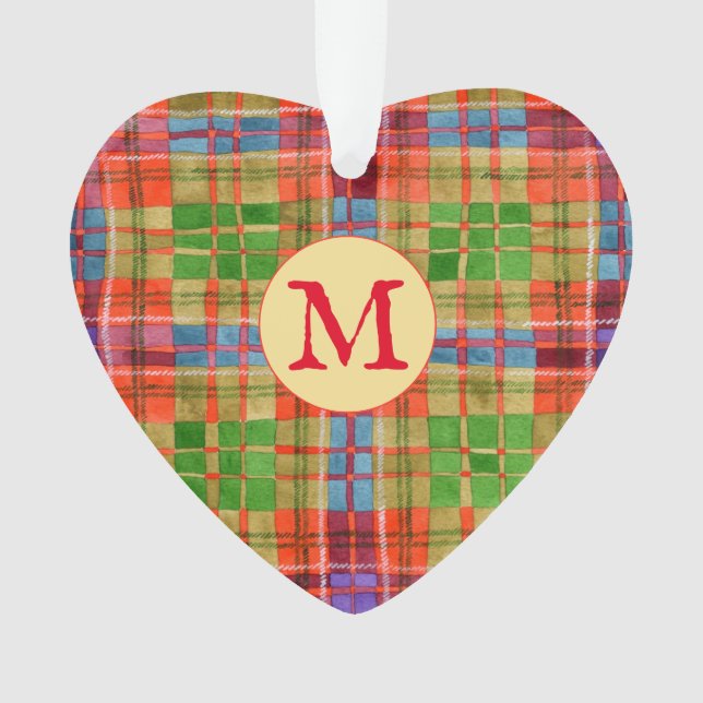 MAC RAE TARTAN Acrylic Heart Ornament + Initial (Front)