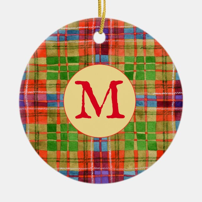 MAC RAE TARTAN Ceramic Circle Ornament + Initial (Front)