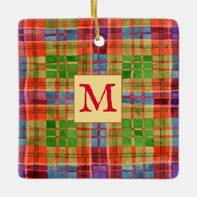 MAC RAE TARTAN Ceramic Square Ornament + Initial (Front)