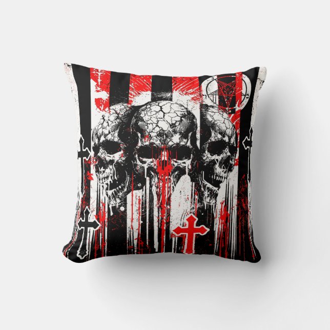 Macabre Elegance: Skulls and Crosses in Gothic Cha Cushion (Front)