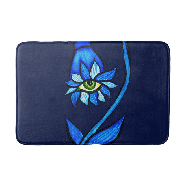 Macabre Witchy Eye Flower Creepy Spooky Blue Bath Mat (Front)
