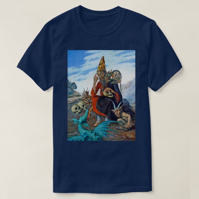 Macabre Wizard Around Demons and Skulls T-Shirt (Design Front)