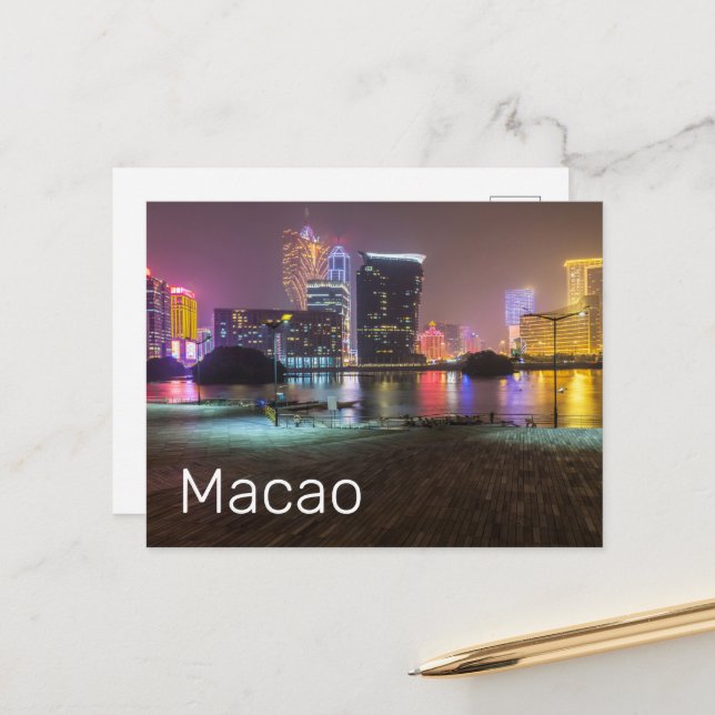 Macao Casino Skyline Panorama China Nighttime Holiday Postcard (Front/Back In Situ)