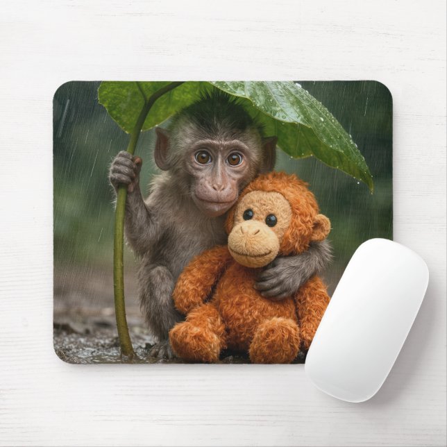 Macaque Monkey with a Stuffed Orangutan Mouse Mat (With Mouse)
