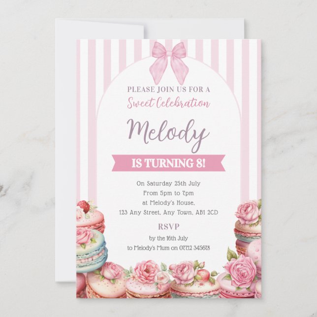 Macaron Birthday Invite Stripe Sweet Celebration (Front)