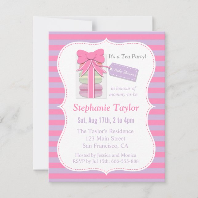 Macaron Tea Party Baby Shower, Pink and Purple Invitation (Front)