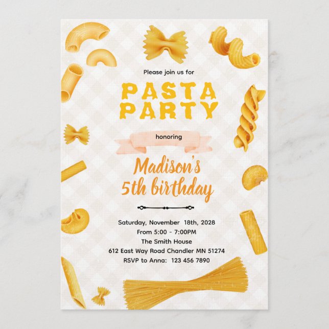 Macaroni Pasta Themed Birthday Invitation (Front)