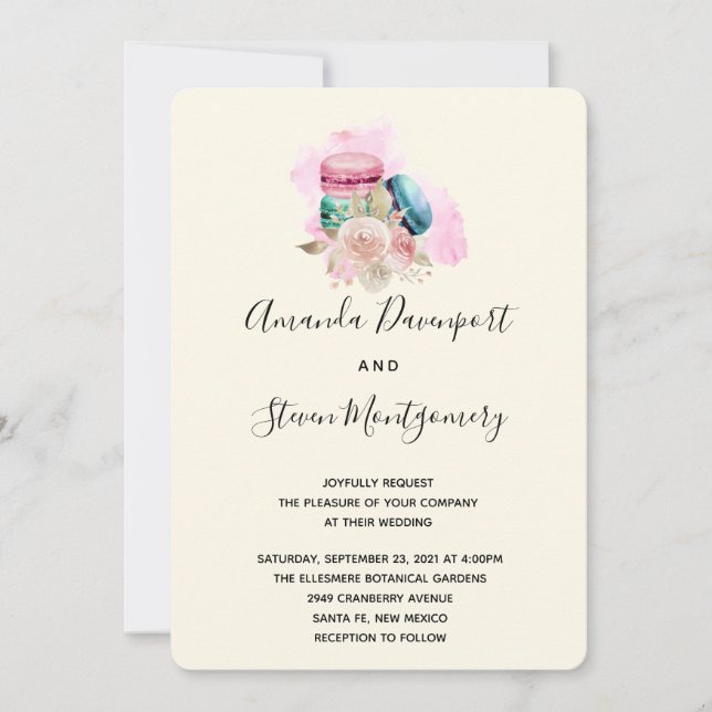 Macarons and Flowers Watercolor Wedding Invitation (Front)