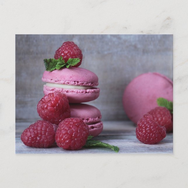 Macarons and raspberries postcard (Front)