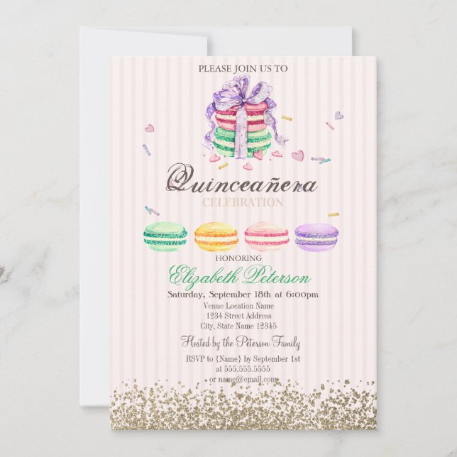 Macarons Faux Gold Diamonds Striped Quinceañera Invitation (Front)