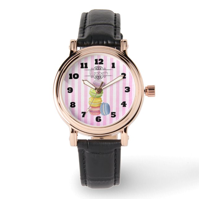 Macarons French Dessert in Watercolor Personalised Watch (Front)