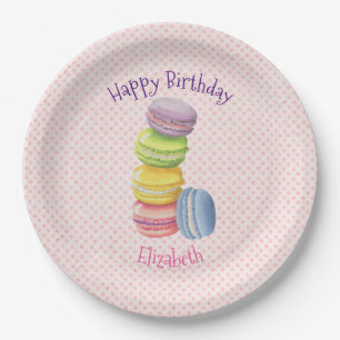 Macarons French Pastry Polka Dots Happy Birthday Paper Plate