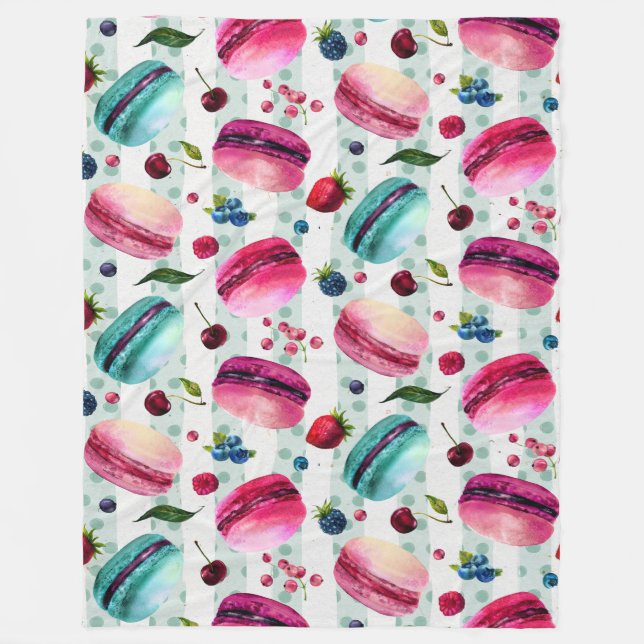Macarons French Pastry With Berries And Polka Dots Fleece Blanket (Front)