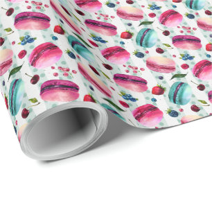 Macarons French Pastry With Berries And Polka Dots Wrapping Paper