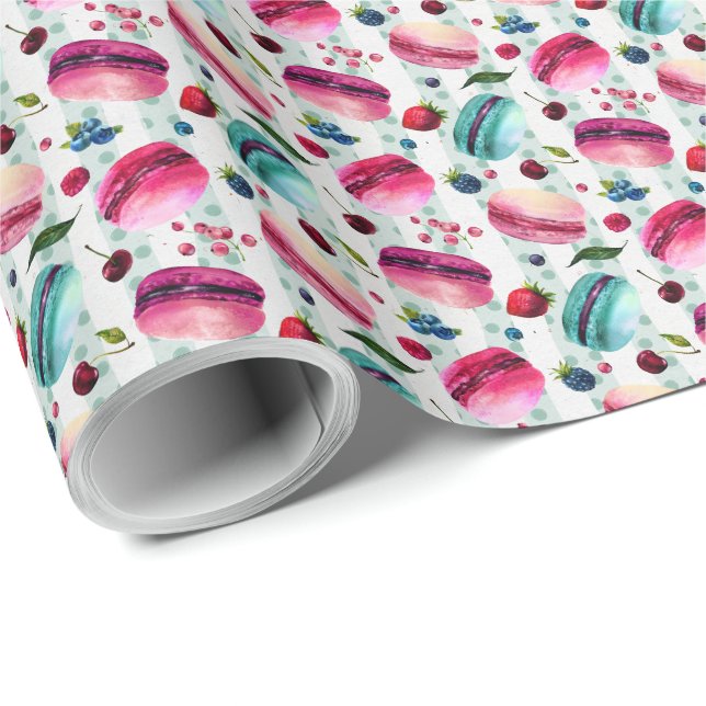 Macarons French Pastry With Berries And Polka Dots Wrapping Paper (Roll Corner)