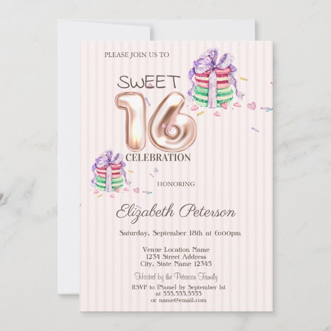 Macarons Stripes Rose Gold Sweet 16 Invitation (Front)