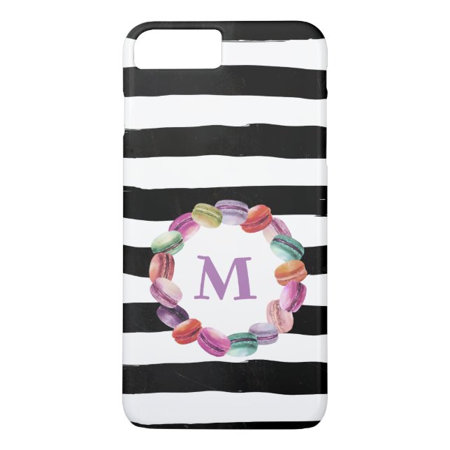 Macarons Wreath Monogram Black White Stripes Case-Mate iPhone Case (Back)