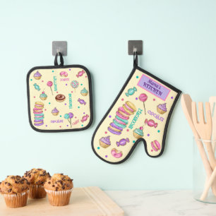 Macaroons Cupcakes Lollipops and Doughnuts  Oven Mitt & Pot Holder Set