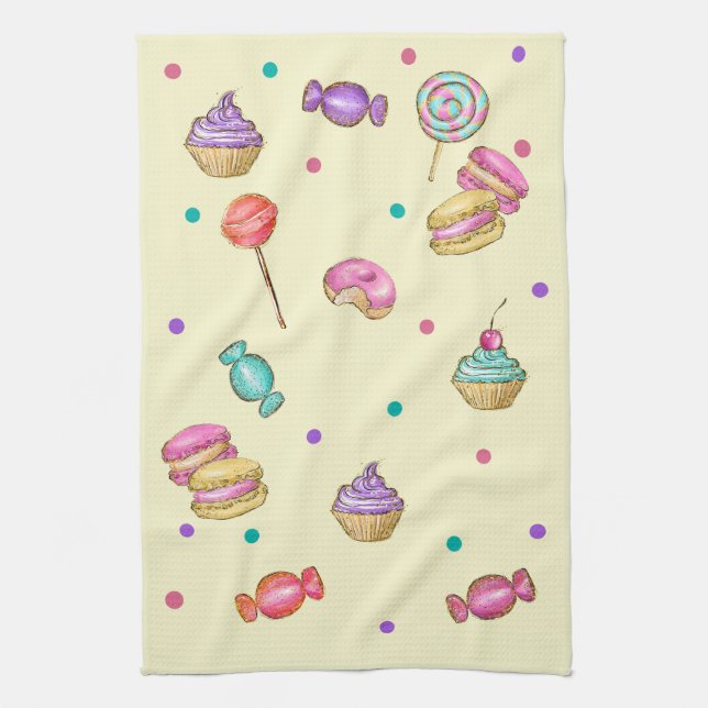 Macaroons Cupcakes Lollipops and Doughnuts   Tea Towel (Vertical)