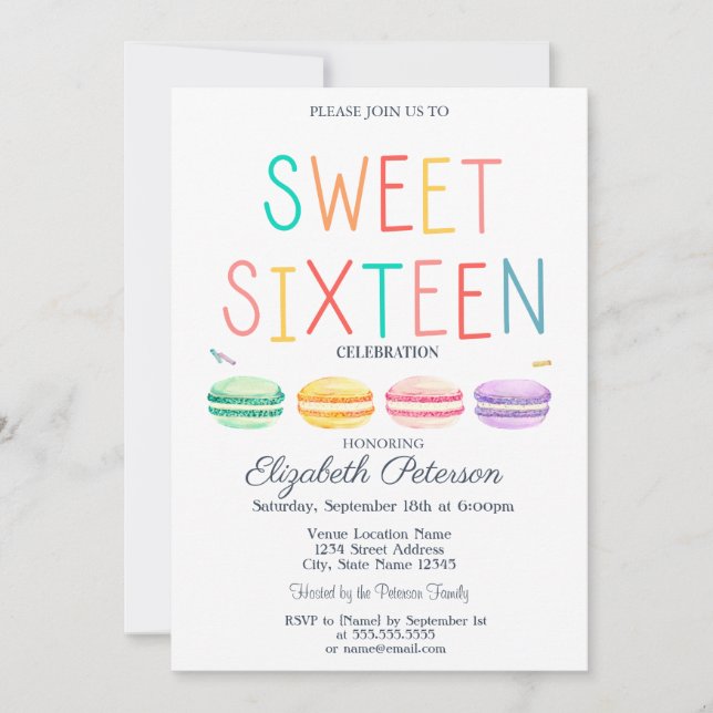 Macaroons Watercolor Striped Colourful Sweet 16 Invitation (Front)