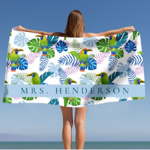 Macau and Palm Leaves Tropical Personalised  Beach Towel