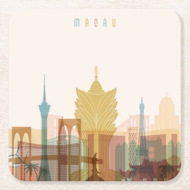 Macau, China | City Skyline Square Paper Coaster (Front)