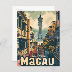 Macau China Vintage Retro Travel Illustration Postcard