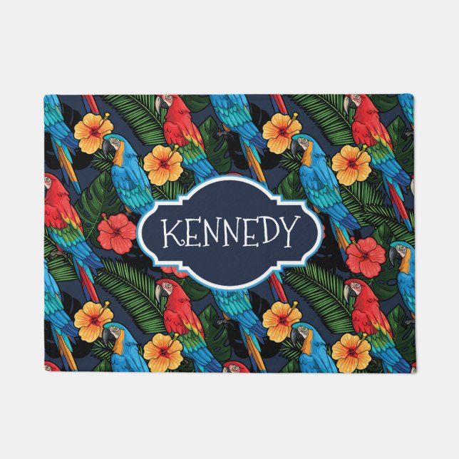 Macaw And Hibiscus Pattern | Add Your Name Doormat (Front)