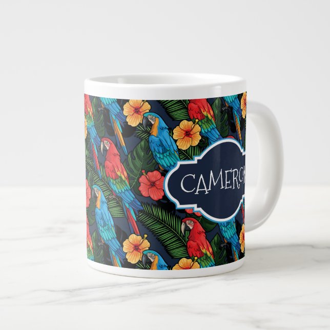 Macaw And Hibiscus Pattern | Add Your Name Large Coffee Mug (Front Right)
