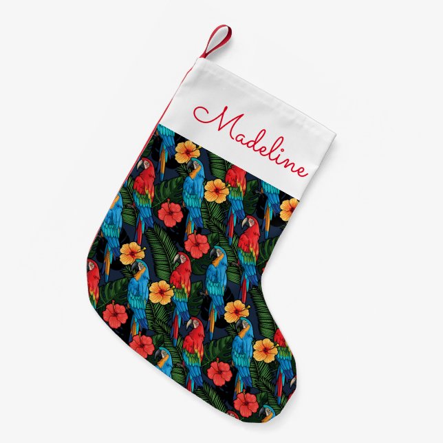 Macaw And Hibiscus Pattern | Add Your Name Small Christmas Stocking (Front (Hanging))