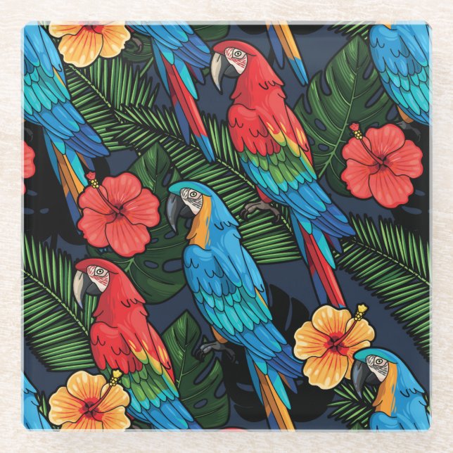 Macaw And Hibiscus Pattern Glass Coaster (Front)