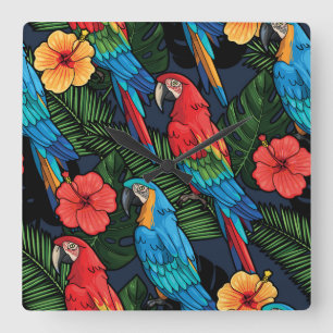 Macaw And Hibiscus Pattern Square Wall Clock