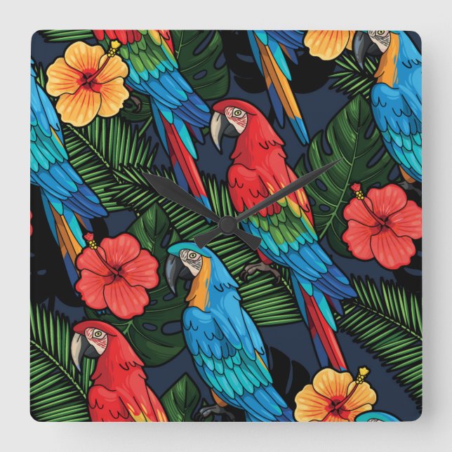 Macaw And Hibiscus Pattern Square Wall Clock (Front)
