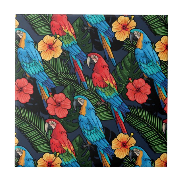 Macaw And Hibiscus Pattern Tile (Front)