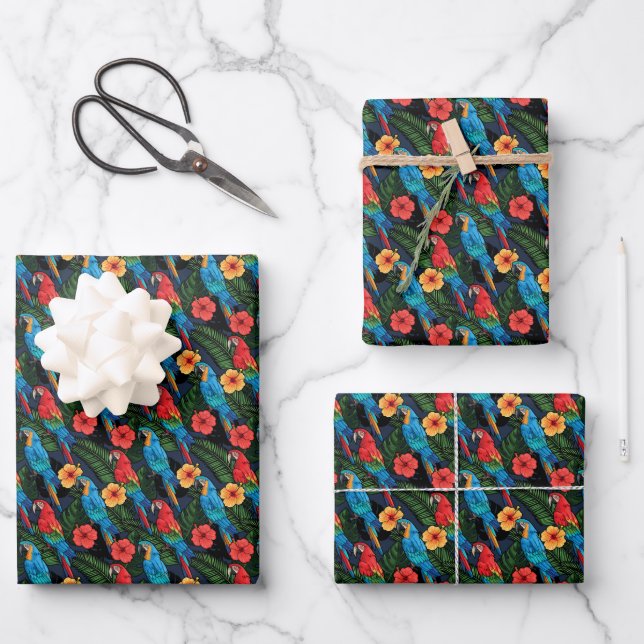 Macaw And Hibiscus Pattern Wrapping Paper Sheet (Front)