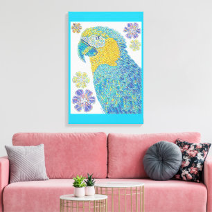 Macaw Bird And Flowers Canvas Print