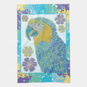 Macaw Bird And Flowers Tea Towel