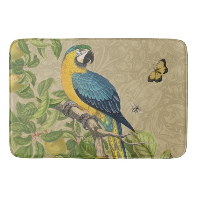 Macaw Blue Yellow Tropical Jungle Antique Bath Mat (Front)