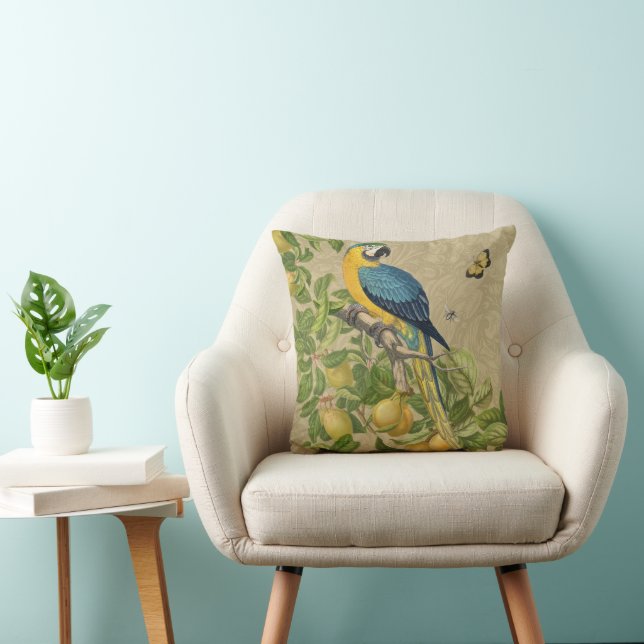 Macaw Blue Yellow Tropical Jungle Antique Cushion (Chair)
