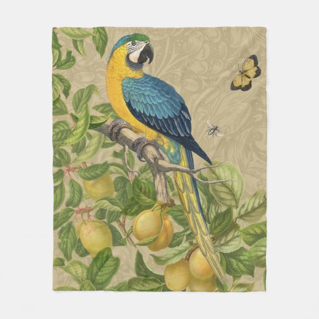 Macaw Blue Yellow Tropical Jungle Antique Fleece Blanket (Front)