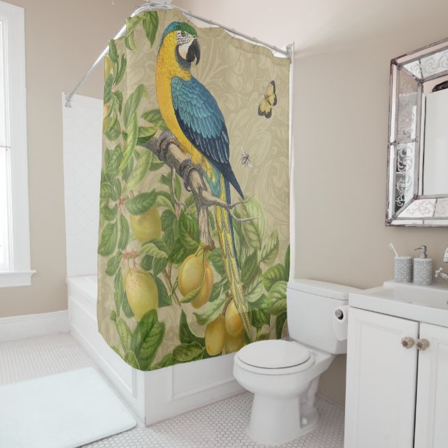 Macaw Blue Yellow Tropical Jungle Antique Shower Curtain (In Situ)