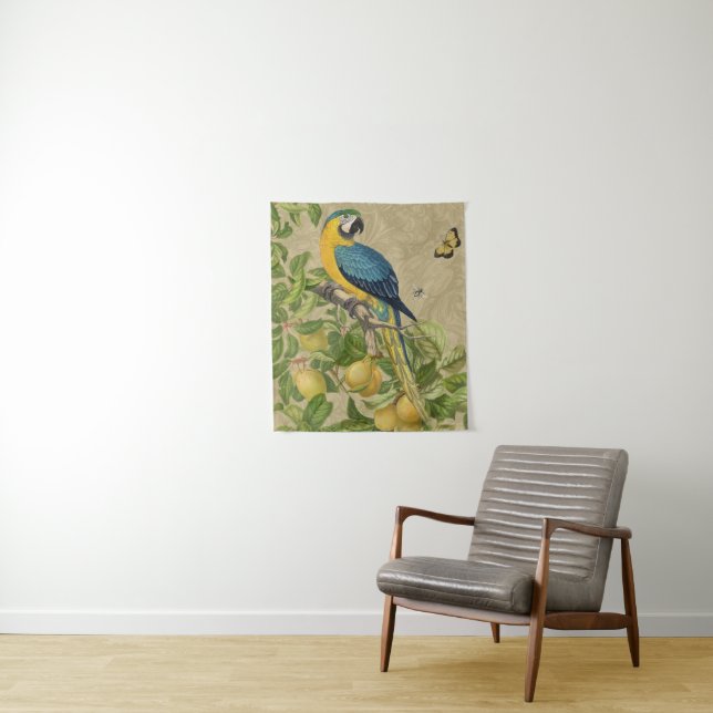 Macaw Blue Yellow Tropical Jungle Antique Tapestry (In Situ)