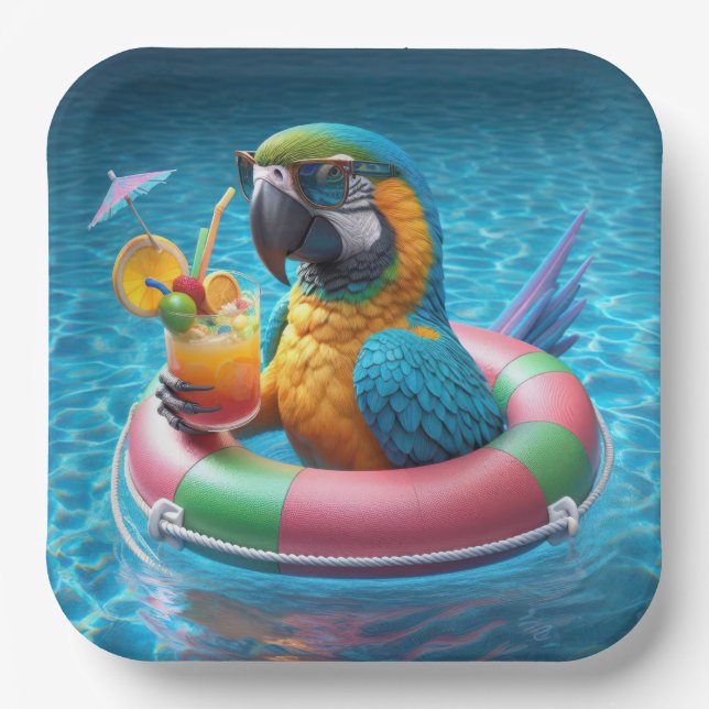 Macaw In a Swimming Pool Paper Plate (Front)