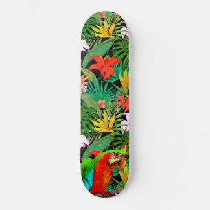 Macaw & Multicolored Flowers Skateboard