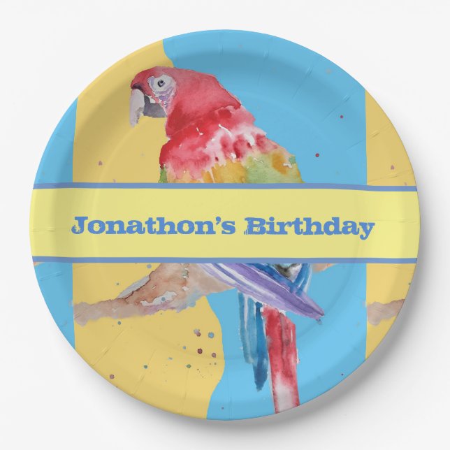 Macaw Parrot Colorful Boys Childs Birthday Blue Paper Plate (Front)