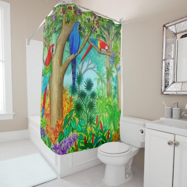 Macaw Parrot Jungle Art Shower Curtain (In Situ)