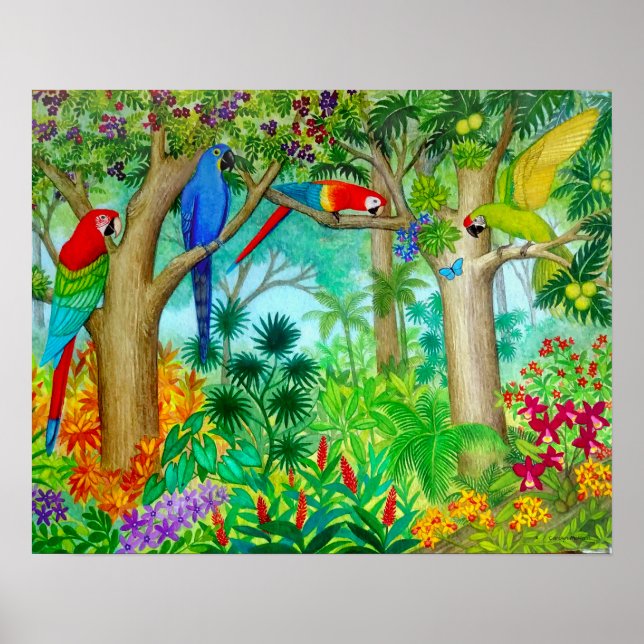 Macaw Parrot Jungle Watercolor Painting Poster (Front)